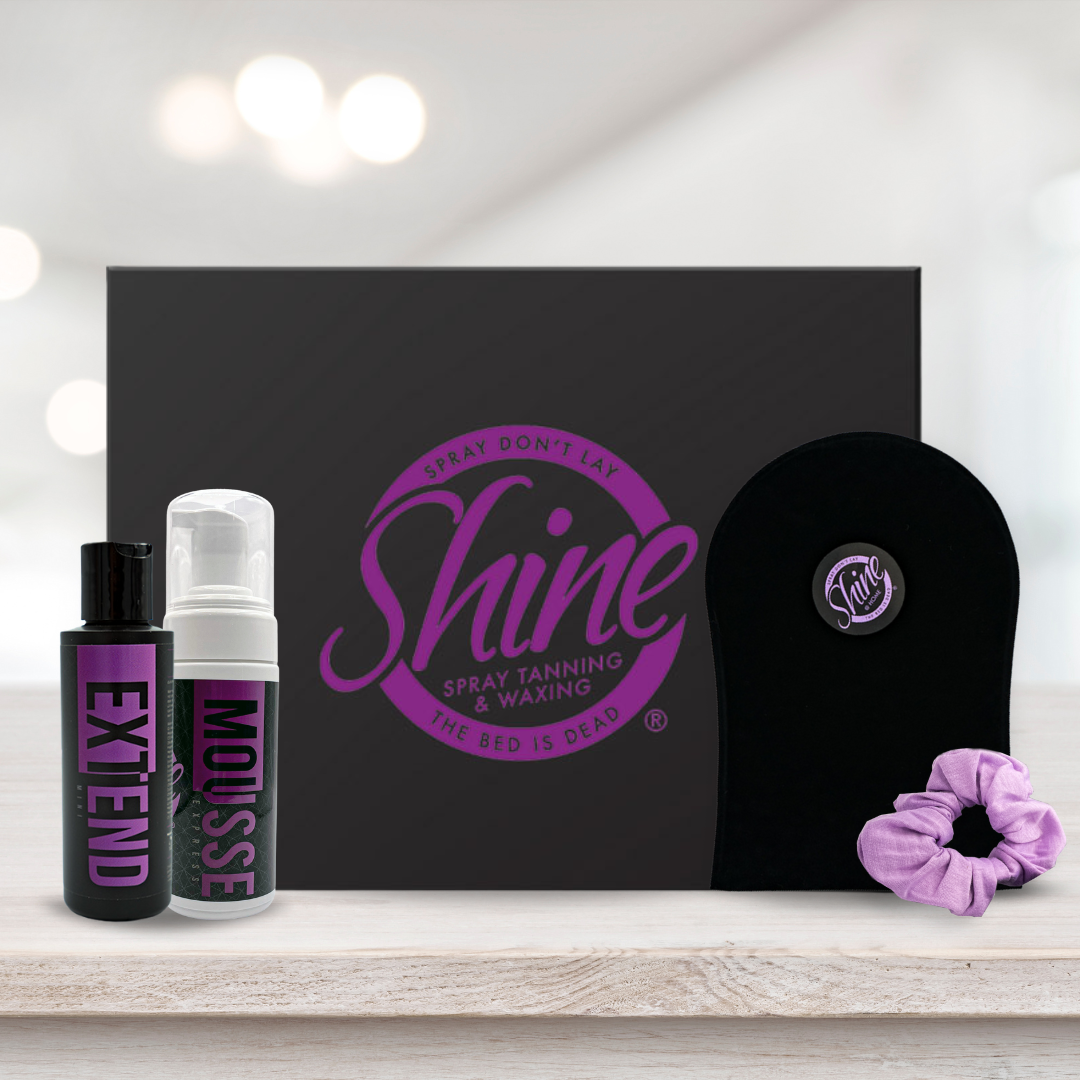 The Shine at home spray tan subscription includes your sunless tan shade with extending tan lotion, self-tanning mitt, and Shine swag.